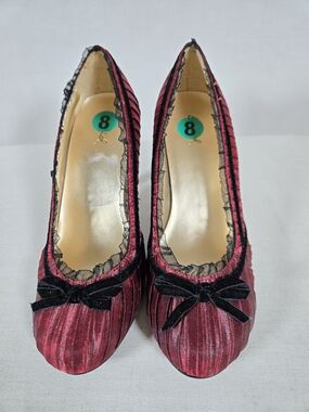 Qupid Burgundy Satin Heels with Velvet Bow – Size 8 – New